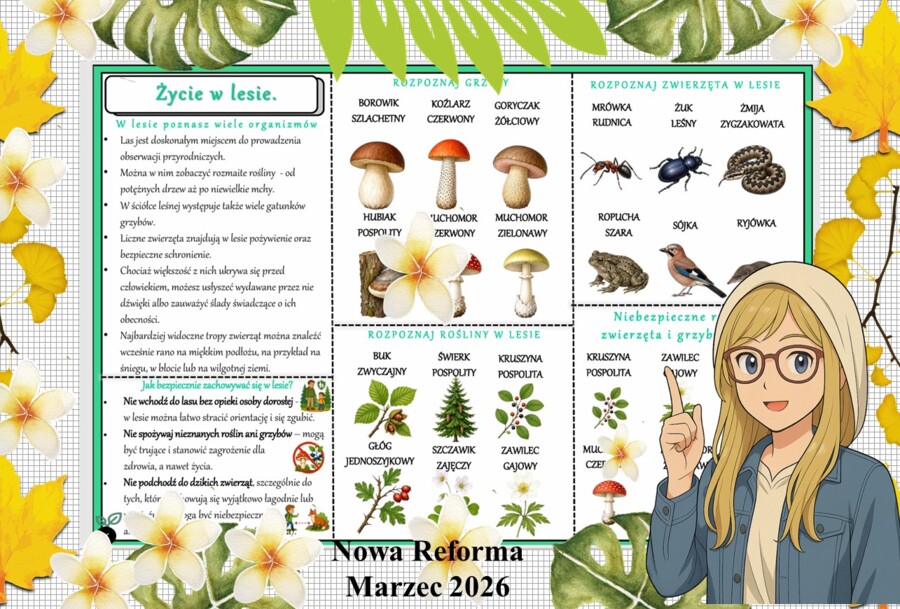 Sketchnotka/notatka - dla ucznia i przypomnienie dla nauczyciela w pdf. Temat "Życie w lesie". Przyroda 4. "Odkrywam przyrodę" zgodna z wydawnictwem Nowa Era. Dział "Życie na lądzie".