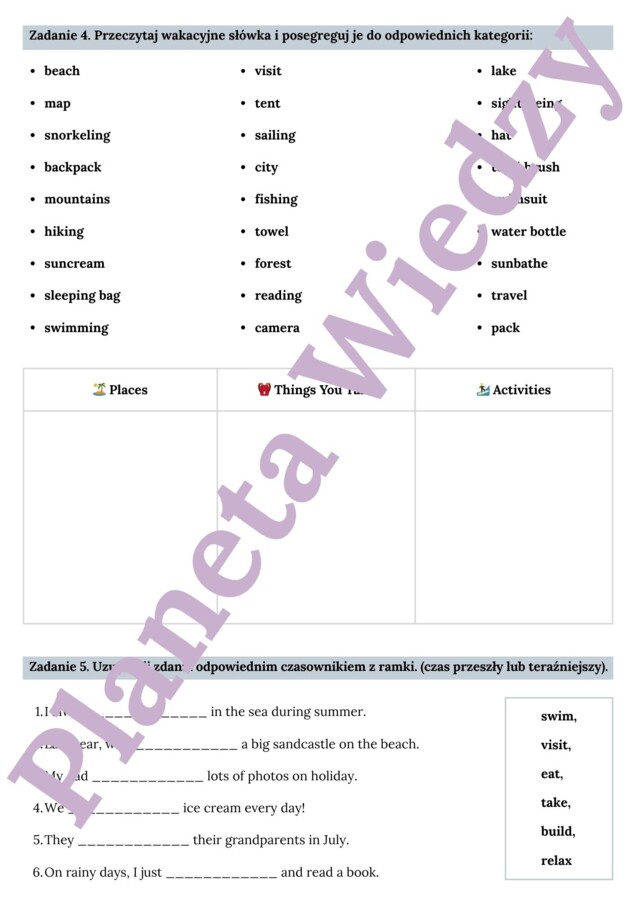 🌞WAKACYJNA KARTA PRACY – SUMMER HOLIDAY - SŁOWNICTWO 🌞- KLASY 4-8 SZKOŁY PODSTAWOWEJ- WYKREŚLANKA, BUDOWANIE ZDAŃ, MIEJSCA+RZECZY+AKTYWNOŚCI WAKACYJNE, CZYTANIE TEKSTU + ODPOWIEDZI