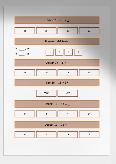 Odejmowanie w zakresie do 20. Karta pracy. Sprawdzian