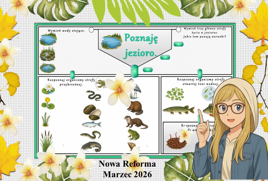 Karta pracy z przyrody do klasy 4 "Poznaję jezioro". Przygotowana na podstawie podręcznika „Odkrywam przyrodę” wydawnictwa Nowa Era. Dział "Życie w wodzie".