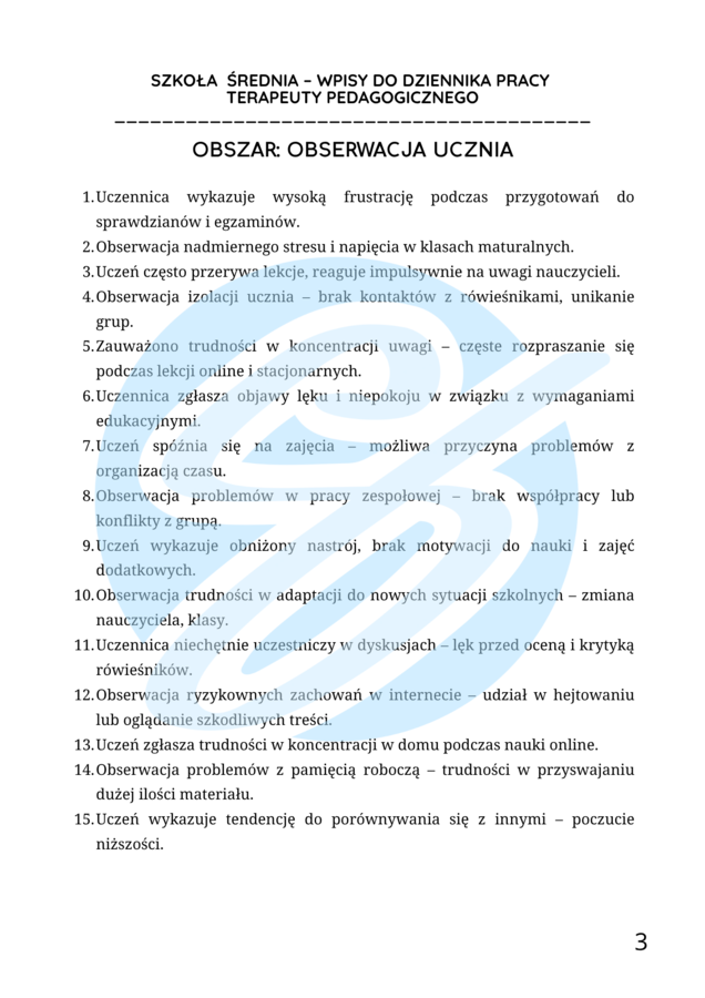 Terapeuta pedagogiczny w szkole średniej – przykładowe wpisy do dziennika