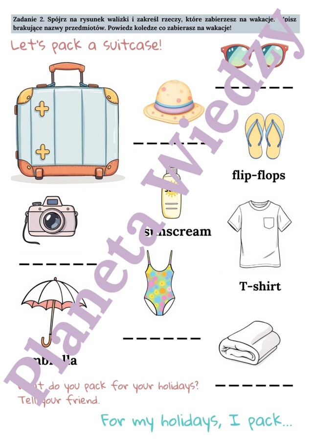 🌞WAKACYJNA KARTA PRACY 🌞 – SUMMER FUN – KLASY 1-3 SZKOŁY PODSTAWOWEJ - POZIOM A1/A1+ - WAKACYJNE SŁÓWKA, WYKREŚLANKA, SPAKUJ WALIZKE!, OPISZ OBRAZEK, CO LUBISZ ROBIĆ LATEM + ODPOWIEDZI