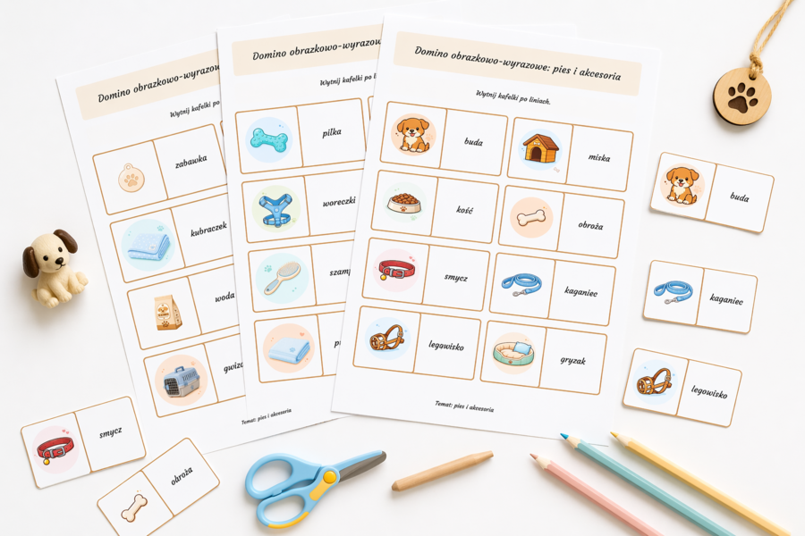 Domino obrazkowo-wyrazowe: pies i akcesoria
