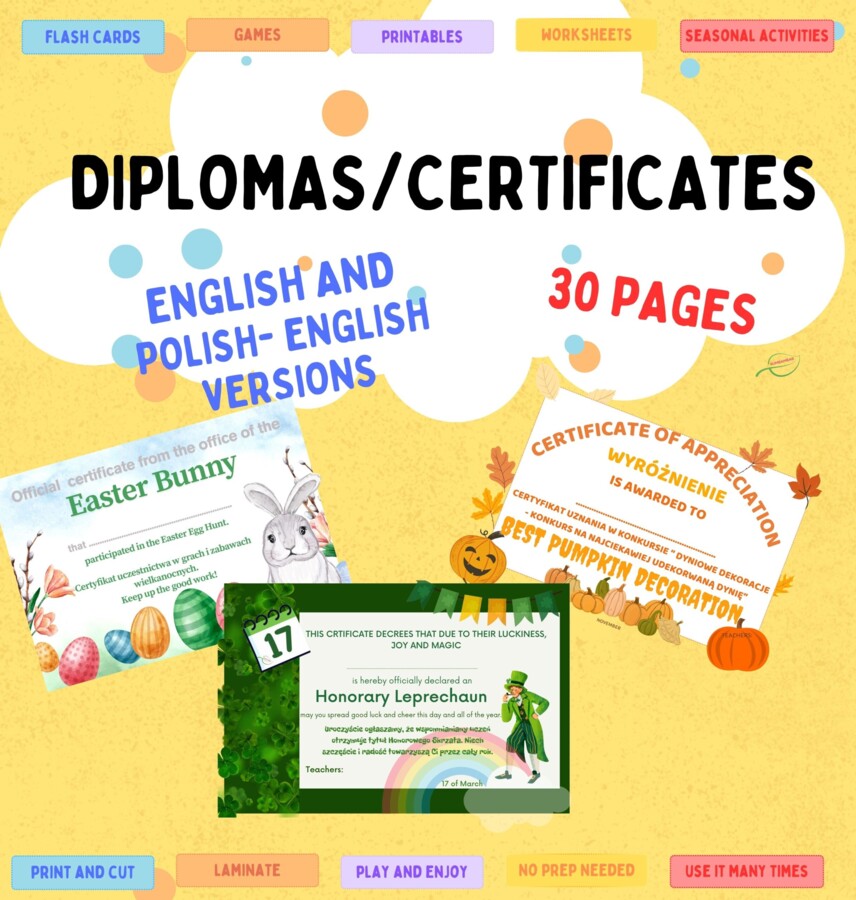 Dyplomy/ Certyfikaty Diplomas język angielski. Zestaw w 2 wersjach językowych, na różne okazje.