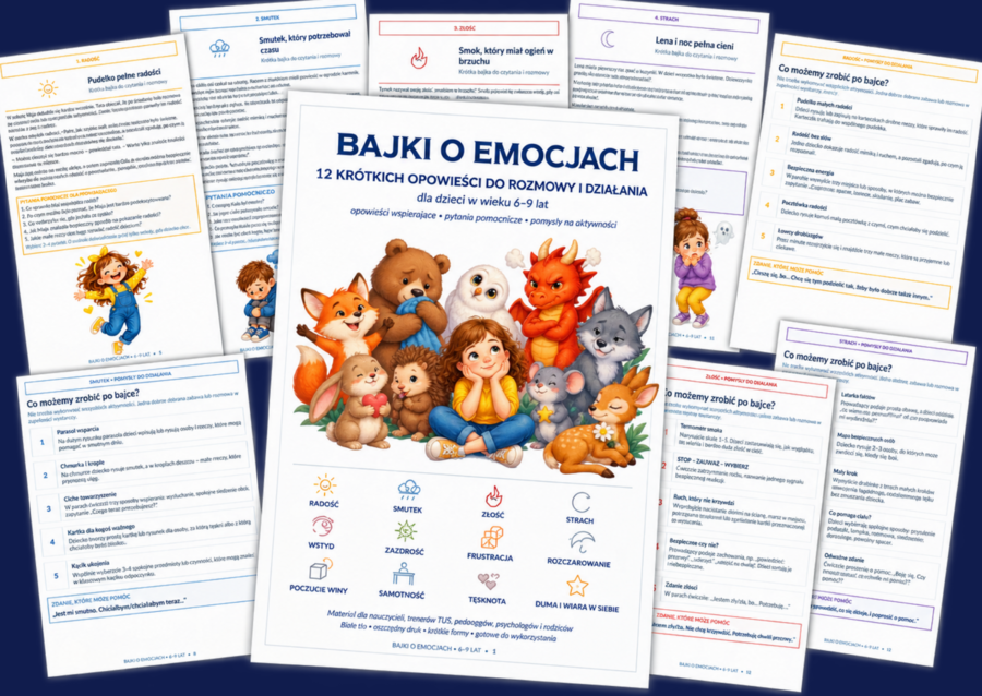 BAJKI O EMOCJACH – bajkoterapia - 12 krótkich opowieści do rozmowy i działania + kolorowanki + zestaw ilustracji