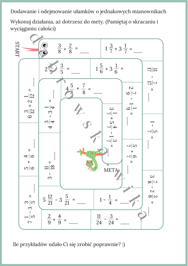 Ułamki o jednakowych mianownikach - wąż matematyczny