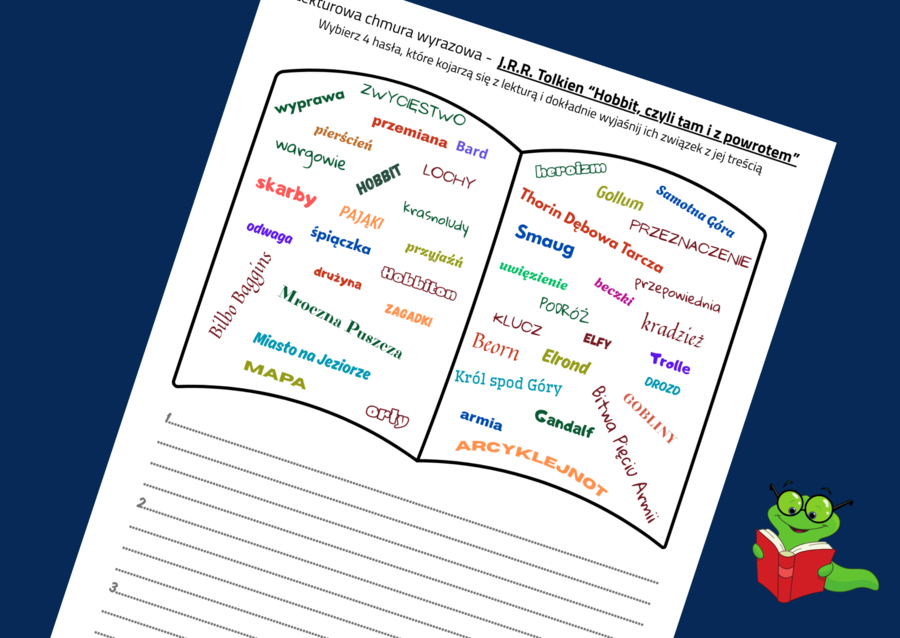Lekturowa chmura wyrazowa - HOBBIT, CZYLI TAM I Z POWROTEM – lektury obowiązkowe – chmura - karta pracy – EGZAMIN – powtórka