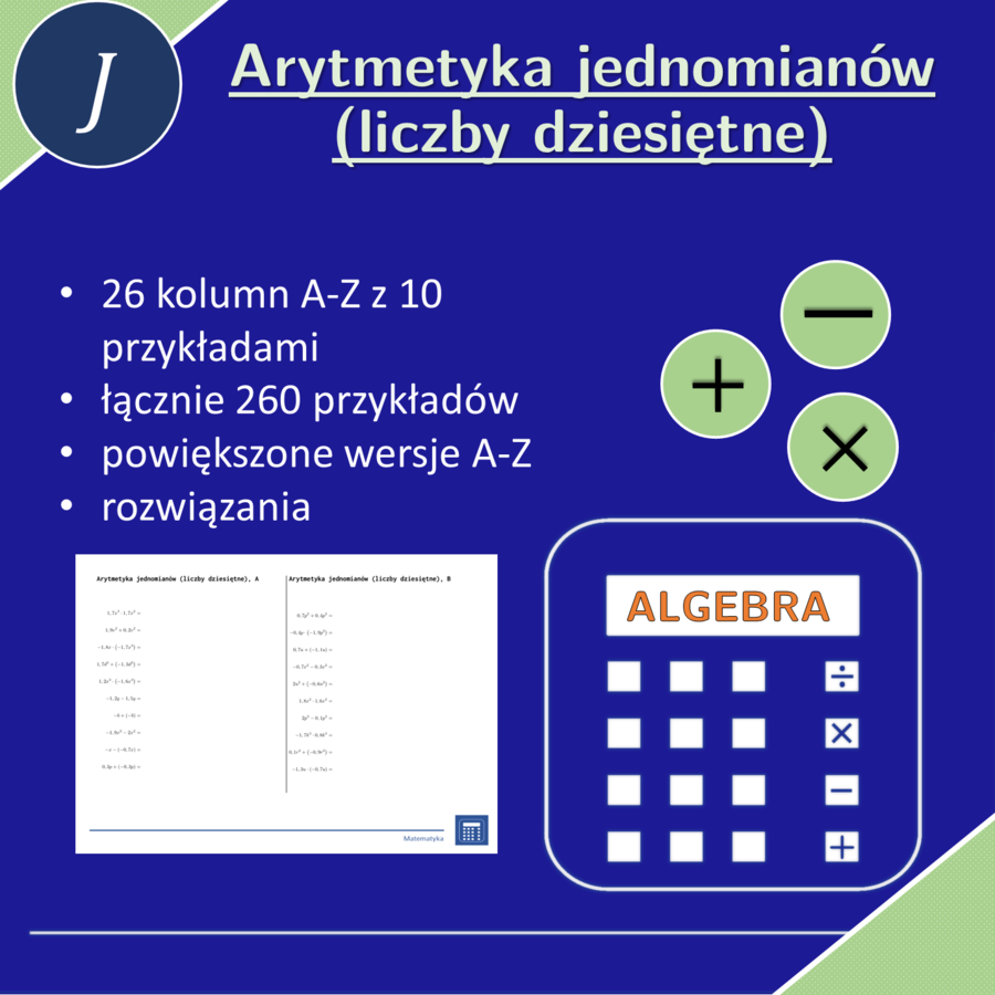 Arytmetyka jednomianów (liczby dziesiętne) | matematyka, algebra | 26 kolumn