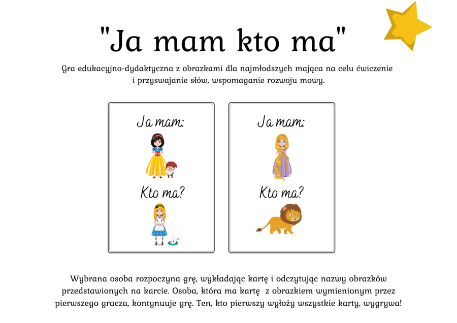 Gra dydaktyczna "Ja mam kto ma" ?‍♀️Postacie z bajek -26 kart - 5 zł
