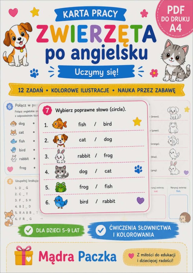 Zwierzęta po angielsku – karty pracy PDF dla dzieci | Nauka słówek English | Mądra Paczka