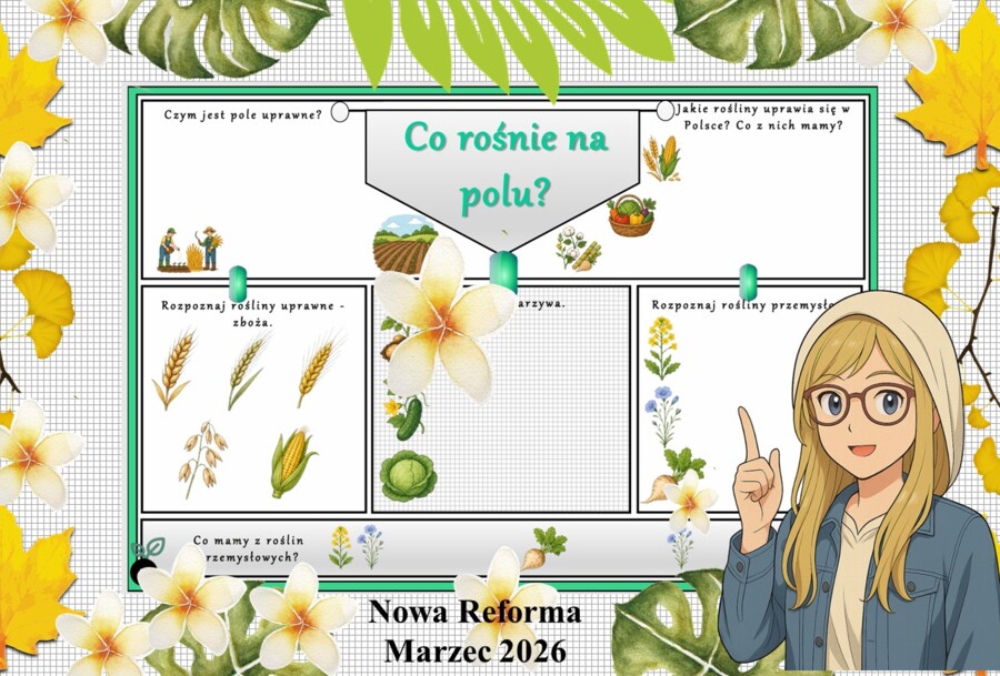 Karta pracy z przyrody do klasy 4 "Co rośnie na polu?". Przygotowana na podstawie podręcznika „Odkrywam przyrodę” wydawnictwa Nowa Era. Dział "Życie na lądzie".