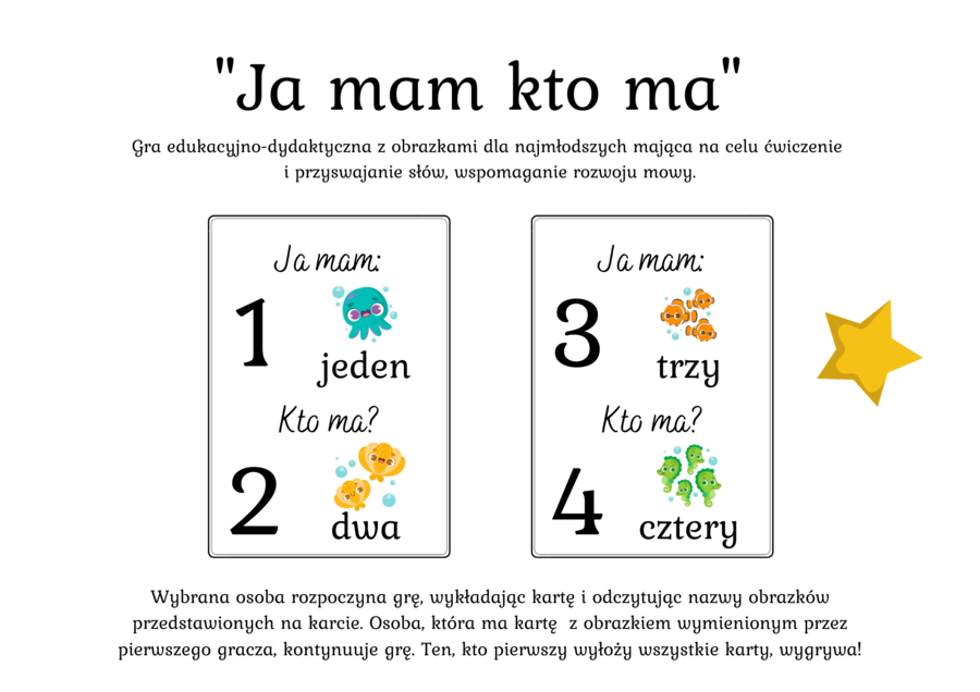 Gra dydaktyczna "Ja mam kto ma" ?Cyfry od 0 do 10 - 30 kart - 5 zł (wersja kolorowa)⭐️