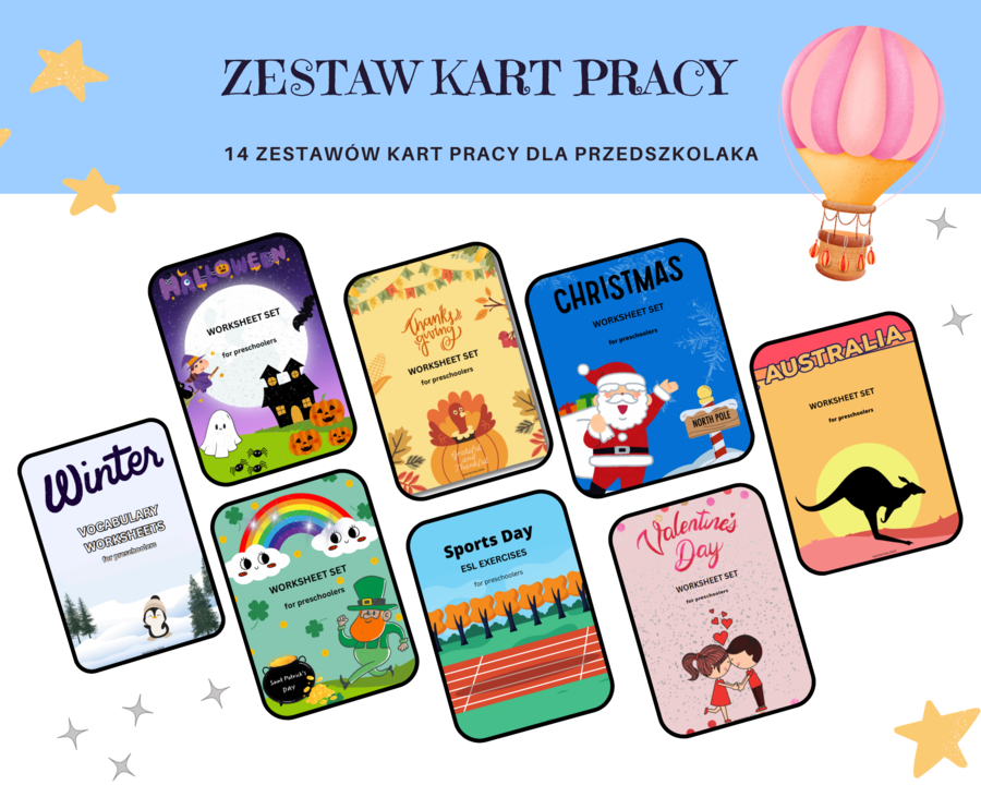 Mega Pakiet Kart Pracy dla Przedszkolaka – Sezonowe i Tematyczne Aktywności Edukacyjne, język angielski, 14 zestawów, 4 pory roku, christmas, easter, australia, artic animals, saint patick, valentines day, sports day,