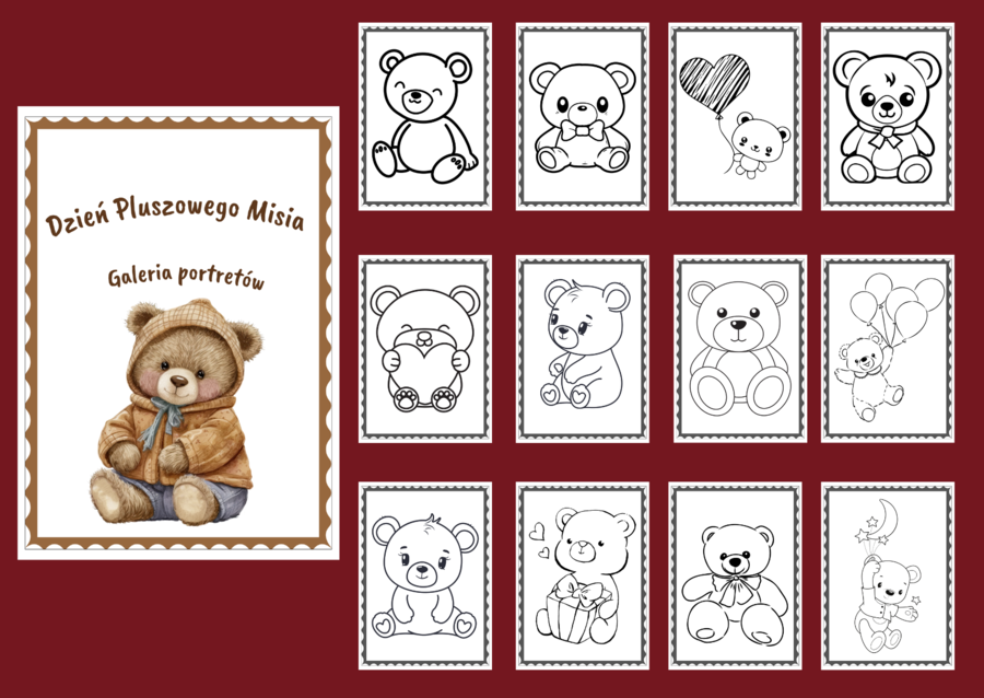 DZIEŃ PLUSZOWEGO MISIA – Galeria portretów - kolorowanka - kolorowanki – biblioteka – świetlica – przedszkole – 24 wersje
