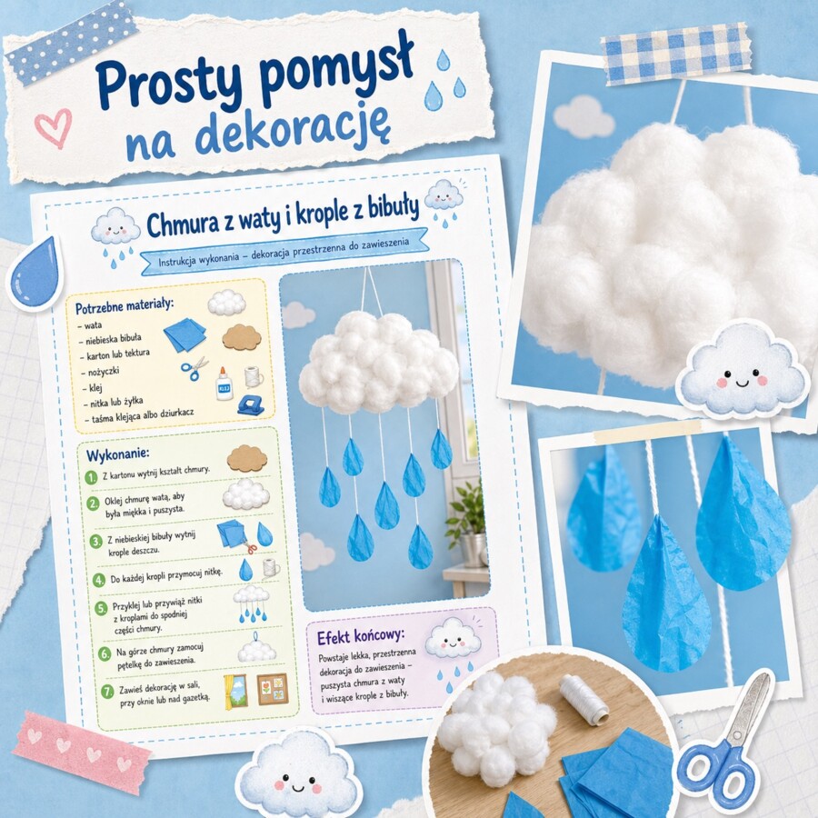Chmura z waty i krople z bibuły