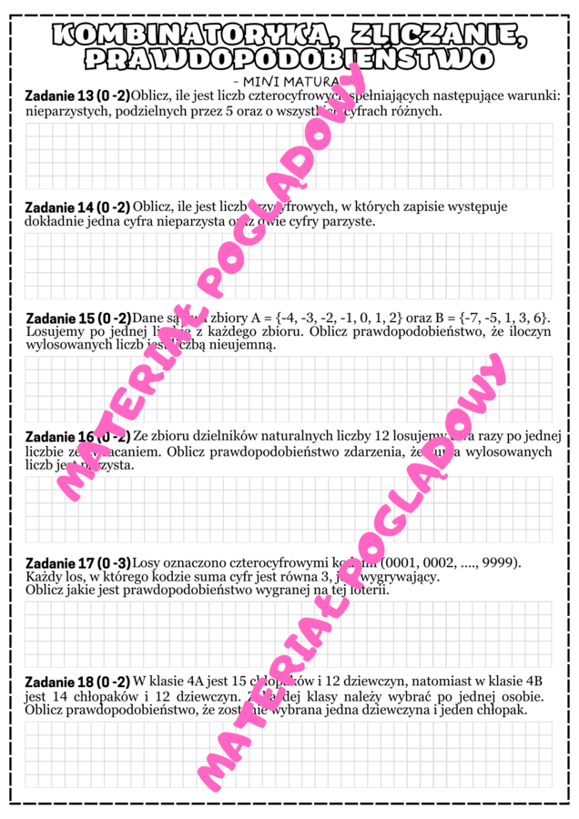MINI MATURA. MATEMATYKA. Zliczanie, kombinatoryka, prawdopodobieństwo.