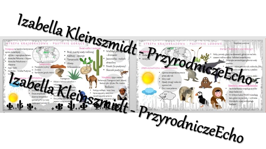 Sketchnotka - notatka „Krajobrazy pustyń gorących i lodowych” wykonana w power point do edycji. Geografia 5; „Krajobrazy świata”