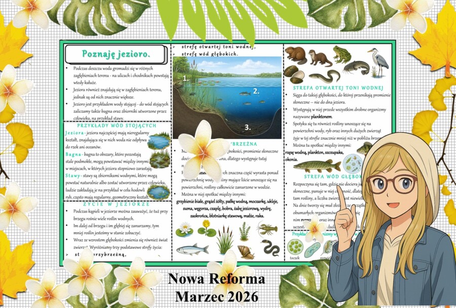 Sketchnotka/notatka - dla ucznia i przypomnienie dla nauczyciela w pdf. Temat "Poznaję jezioro". Przyroda 4. "Odkrywam przyrodę" zgodna z wydawnictwem Nowa Era. Dział "Życie w wodzie".