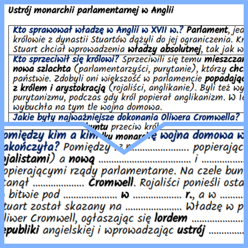 Ustrój monarchii parlamentarnej w Anglii – notatki i karta pracy