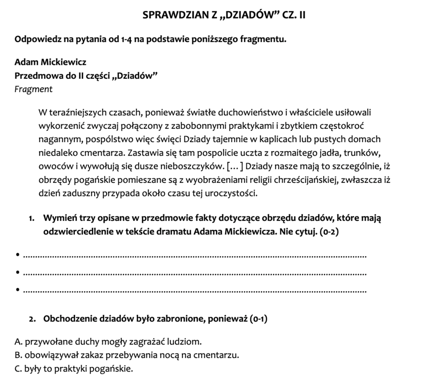 "Dziady" cz. II - sprawdzian wiedzy i umiejętności (po omówieniu lektury)