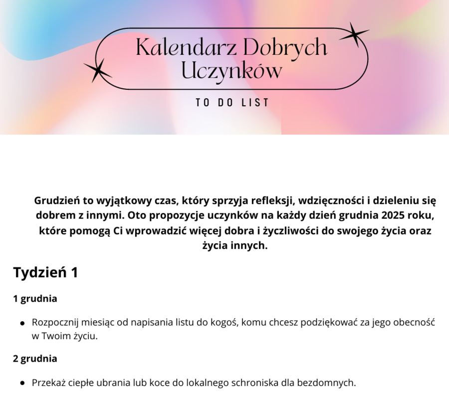 Grudzień pełen dobra – wyjątkowa karta pracy dla Twoich uczniów - Kalendarz Dobrych Uczynków - Godzina wychowawcza