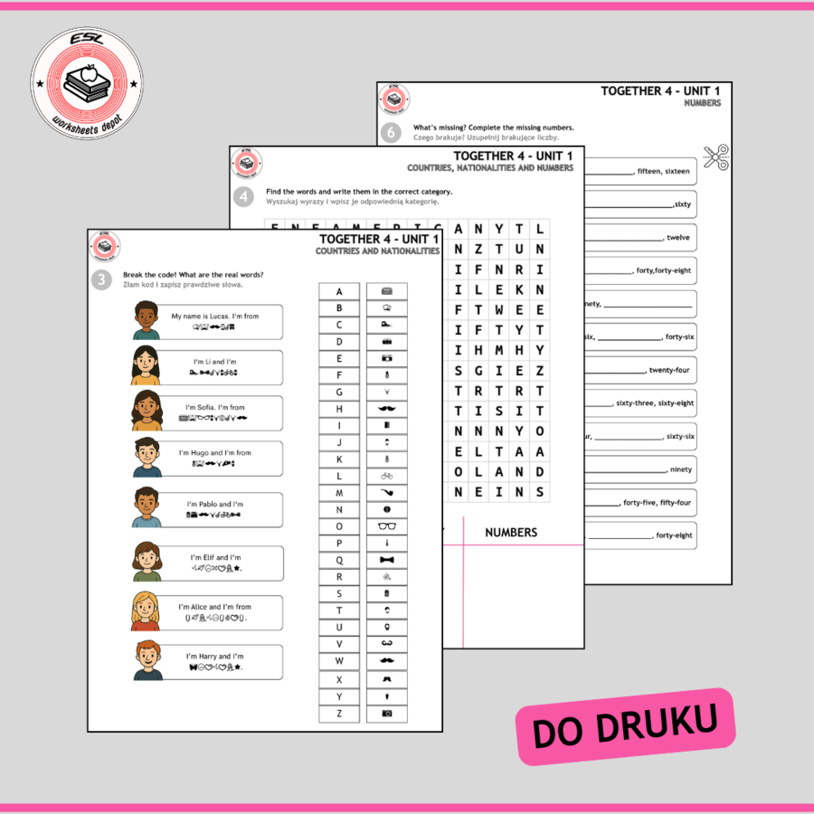 Together 4 Unit 1 - zestaw: Vocabulary Activities + Grammar Activites + Revision Board Game