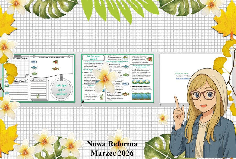 Mały zestaw na jedną lekcję: sketchnotka/notatka/przypomnienie dla nauczyciela, karta pracy plus prezentacja multimedialna „Jak żyje się w wodzie?” w genial.ly. Przyroda "Odkrywam przyrodę". Klasa 4. Dział „Życie w wodzie".