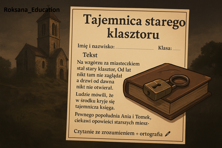 🕯️📜 „Tajemnica starego klasztoru” – czytanie ze zrozumieniem + ortografia ✍️ (karta pracy, kl. 4–6)