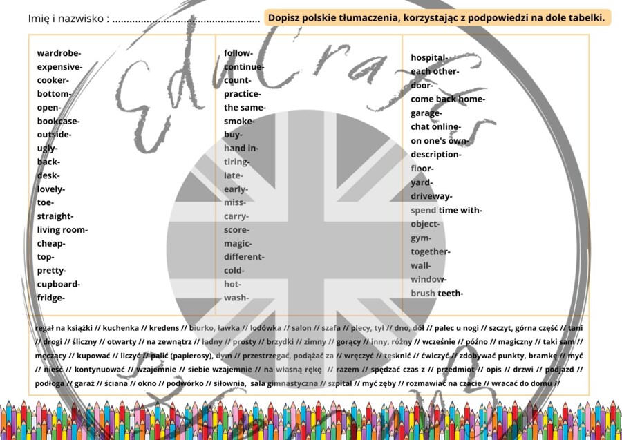 Karta pracy i kartkówka z rozwiązaniem - Vocabulary worksheet 4th grade