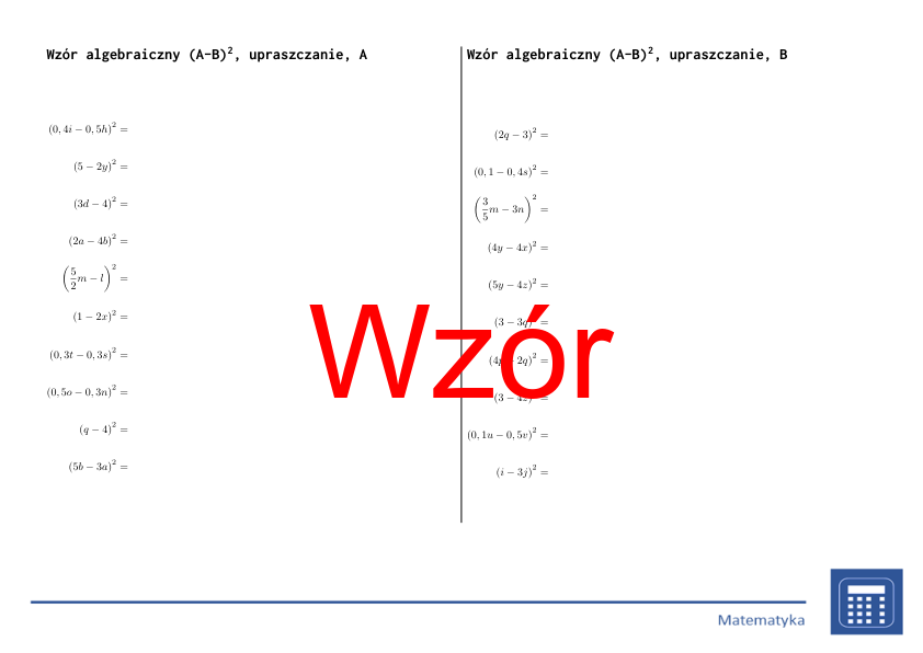 Wzór algebraiczny (A-B)^2, upraszczanie | matematyka, algebra | 26 kolumn