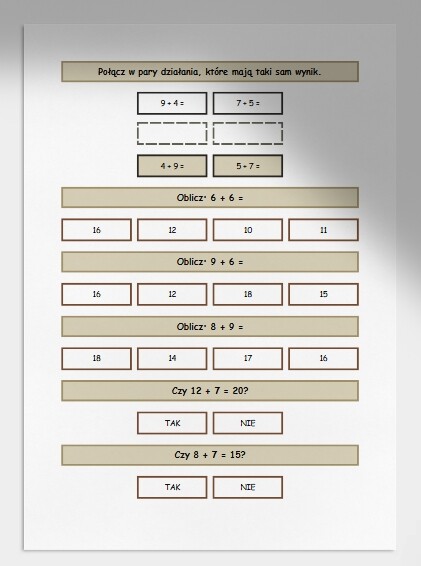 Dodawanie w zakresie do 20. Karta pracy. Sprawdzian