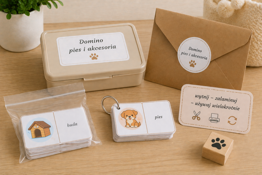 Domino obrazkowo-wyrazowe: pies i akcesoria