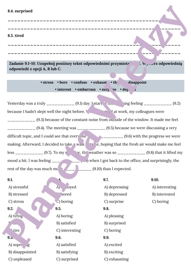 PRZYMIOTNIKI (EMOCJE)– Zbiór zadań do egzaminu ósmoklasisty z języka angielskiego. Poziom A2/A2+ – przymiotniki opisujące uczucia i emocje, ćwiczenia: końcówki -ing/-ed, przymiotniki zaprzeczające (unamused, unexciting), wypełnianie luk w tekście, tworze