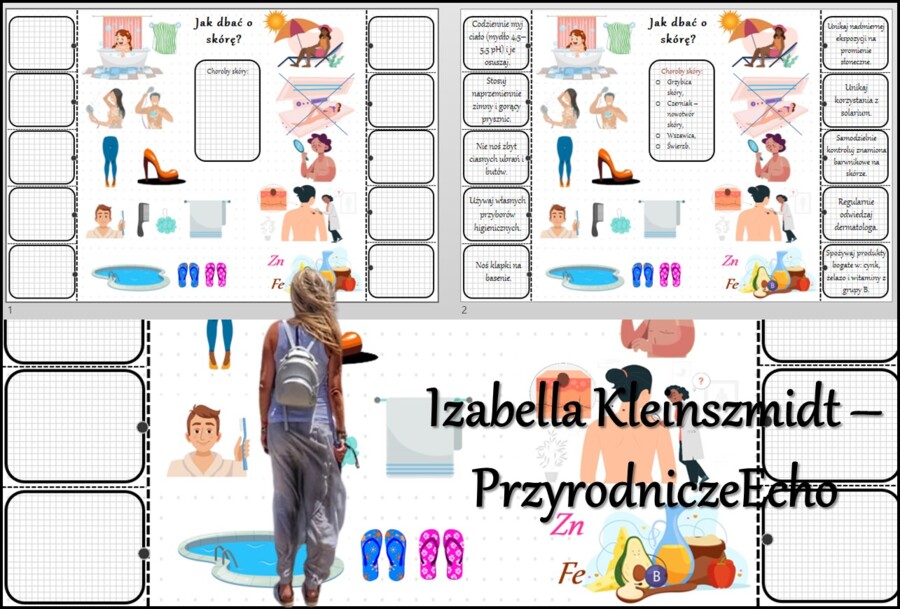 Notatka okienkowa/stacja zadaniowe/notatka/notatka graficzna/karta pracy/sketchnotka „Jak dbać o skórę?”, „Higiena i choroby skóry” w pdf. Biologia 7 dział „Organizm człowieka. Skóra - powłoka organizmu”. Materiał wykonany na podstawie podręcznika z wyda