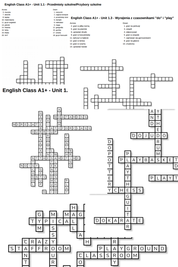 English Class A1+ – Unit 1 – krzyżówki – Przedmioty szkolne_Przybory szkolne/Out of class/Wyrażenia z czasownikami 'do' i 'play'/Miejsca w szkole