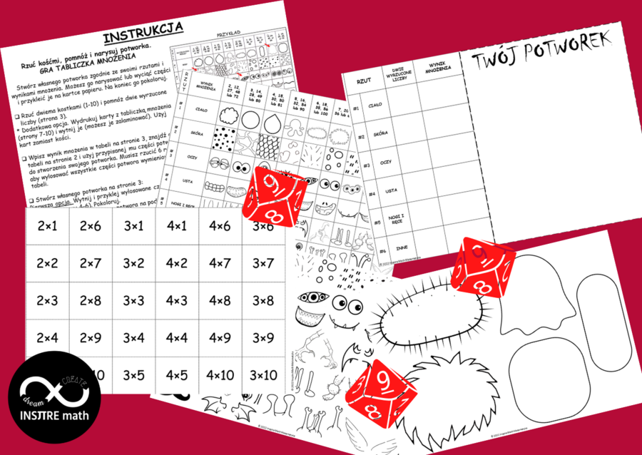 GRA TABLICZKA MNOŻENIA Światowy Dzień Tabliczki Mnożenia. Rzuć kośćmi, pomnóż i narysuj potworka. Matematyka na Halloween