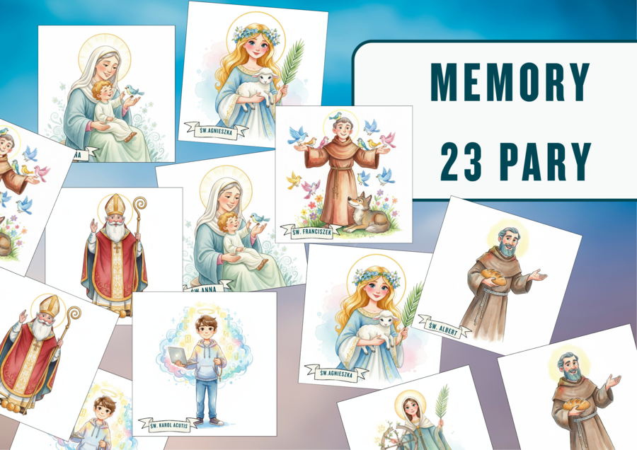 Memory „Święci” – edukacyjna gra pamięciowa dla dzieci i młodzieży, grywalizacja, niepowtarzalne grafiki