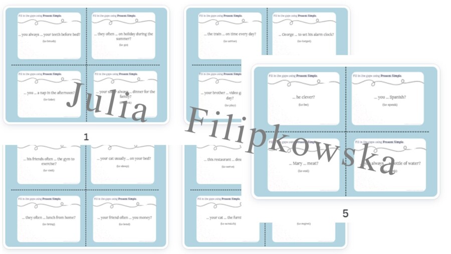 Present Simple/ Karty do mówienia/ Mówienie/ Speaking/ Konwersacje/ Klasy 4-8/ Klasy 4-6/ Klasy 6-8/ SP/ Warm-up/ Rozgrzewka/ Speaking cards/ Gramatyka/ Grammar/ Speaking cards grammar/ Grammar cards/ E8