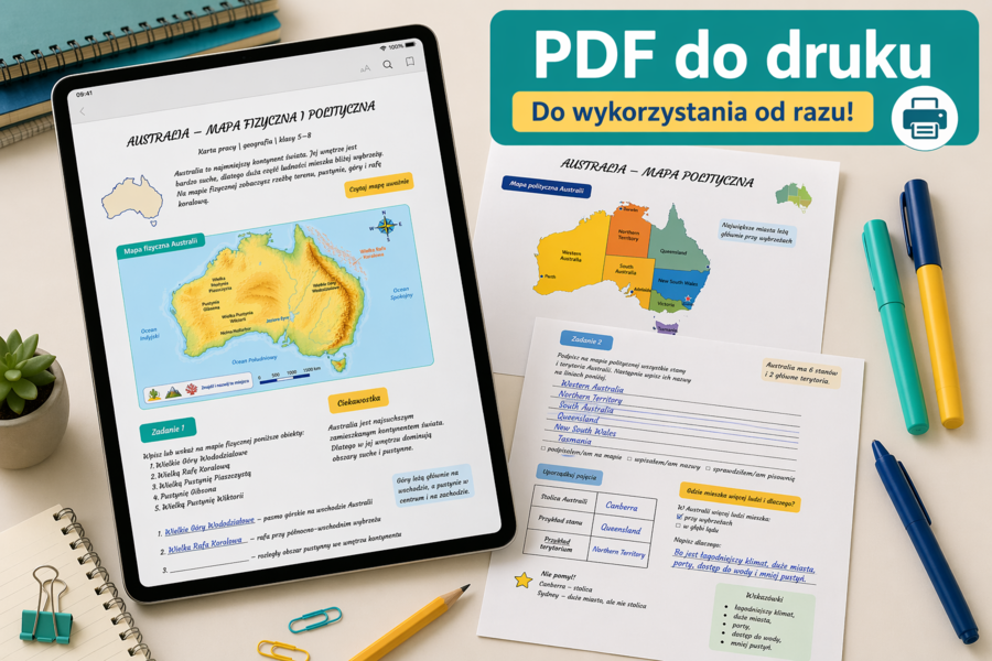 Karta pracy „Australia – mapa fizyczna i polityczna”