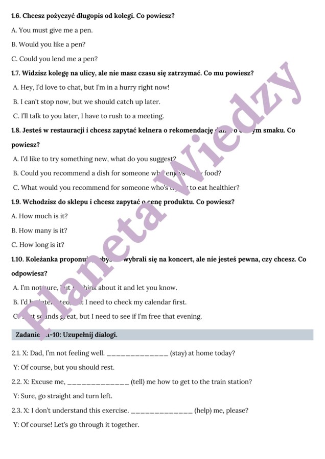 REAKCJE JĘZYKOWE - Zbiór zadań do egzaminu ósmoklasisty z języka angielskiego. Poziom A2/A2+ - codzienne sytuacje, uzupełnianie dialogów, tłumaczenie, dopasowywanie pytań