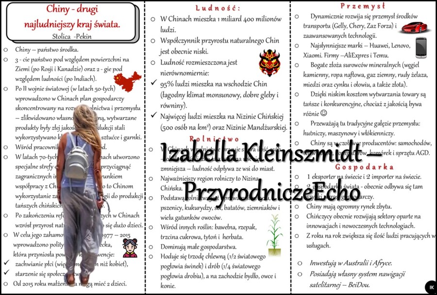 Książeczka/sketchnotka/notatka/wklejka/ściąga dla ucznia i przypomnienie dla nauczyciela/edukacja domowa. Temat „Chiny - drugi najludniejszy kraj świata” w pdf. Geografia 8, dział „Azja”. Nowość 2024/2025.