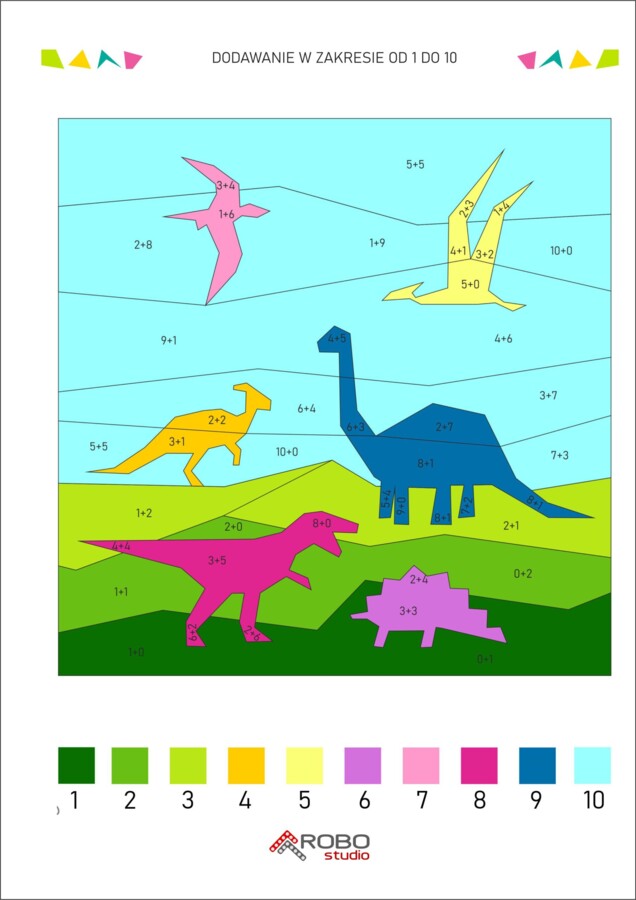Kolorowanka matematyczna, dodawanie od 1 do 10, dzień dinozaura, prehistoria, matematyka i sztuka.