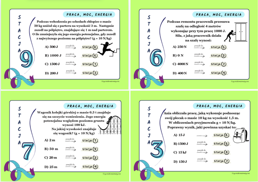 Stacje zadaniowe - praca, moc, energia. Pomysł na gotową lekcję.