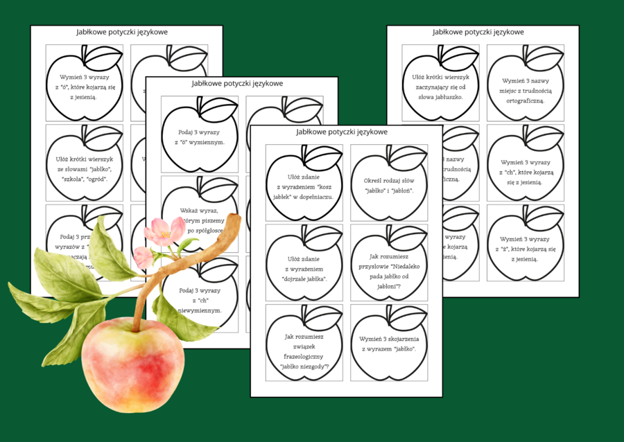🍎 Jabłkowe potyczki językowe 🍏 - Dzień Jabłka - ortografia - nauka o języku - jesień - fiszki - gra - 66 zadań