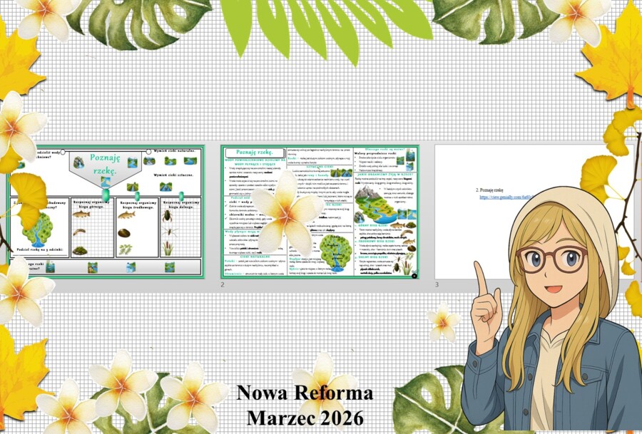 Mały zestaw na jedną lekcję: sketchnotka/notatka/przypomnienie dla nauczyciela, karta pracy plus prezentacja multimedialna „Poznaję rzekę” w genial.ly. Przyroda "Odkrywam przyrodę". Klasa 4. Dział „Życie w wodzie".