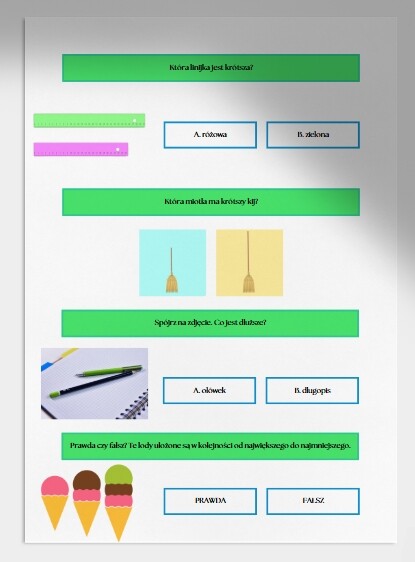 Duży czy mały? Szeroki czy wąski? Sprawdzian. Karta pracy