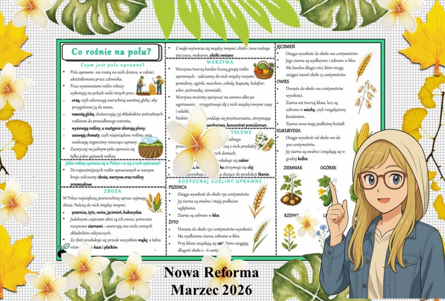 Sketchnotka/notatka - dla ucznia i przypomnienie dla nauczyciela w pdf. Temat "Co rośnie na polu?". Przyroda 4. "Odkrywam przyrodę" zgodna z wydawnictwem Nowa Era. Dział "Życie na lądzie".