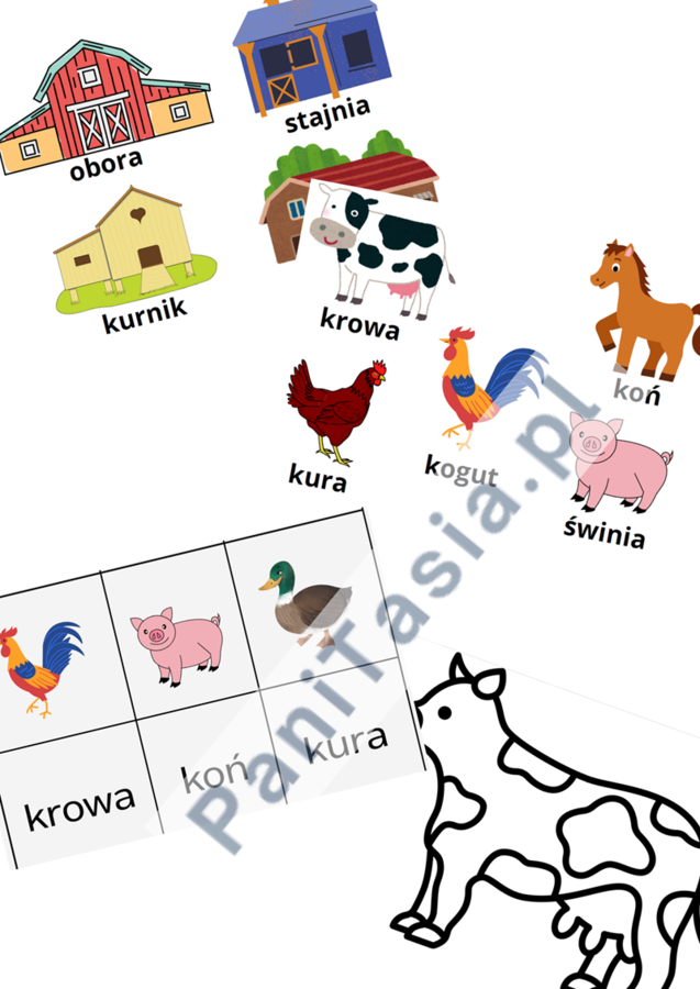 Zwierzęta gospodarskie, zwierzęta na wsi - pakiet: zwierzęta wraz z napisem z ich nazwą, domy zwierząt, osobniki dorosłe i ich młode, kolorowanki, gra memo