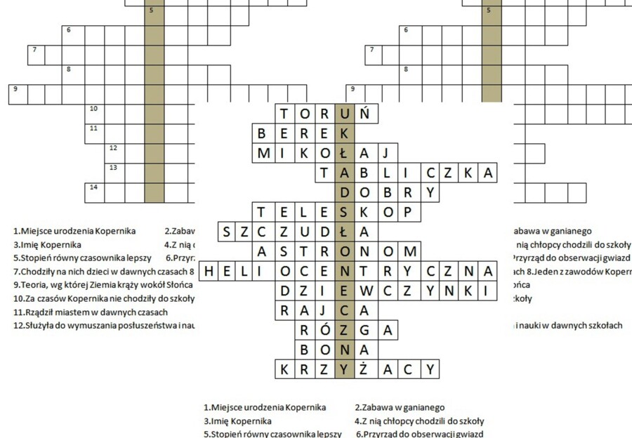 Logogryf dla klasy 3 szkoły podstawowej do lekcji o Mikołaju Koperniku