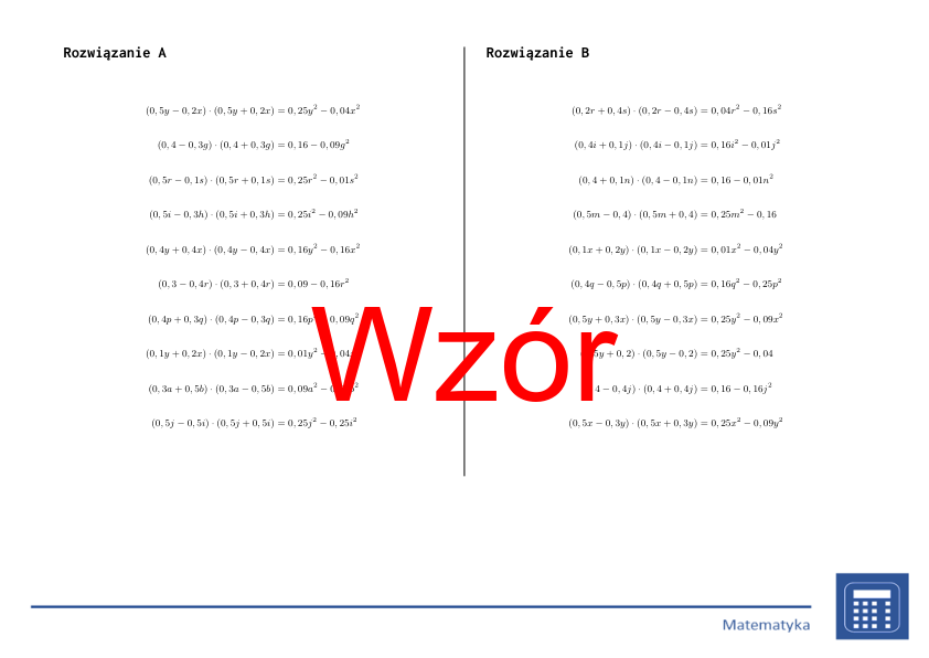 Wzór algebraiczny (A+B)(A-B), upraszczanie (liczby dziesiętne) | matematyka, algebra | 26 kolumn